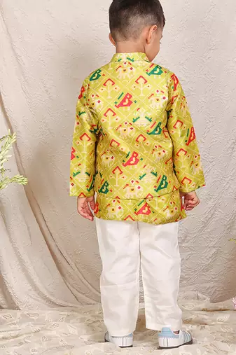 Lime green printed chanderi kurta jacket set