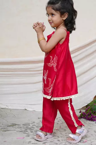 Red embroidered chanderi kurti set