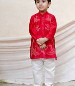 Red embroidered chanderi kurta set
