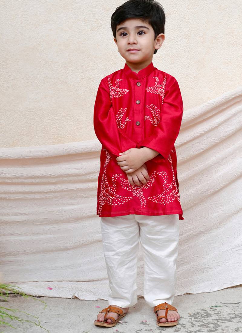 Red embroidered chanderi kurta set
