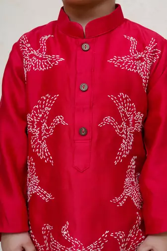 Red embroidered chanderi kurta set