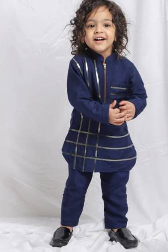 Navy blue embroidered silk kurta set