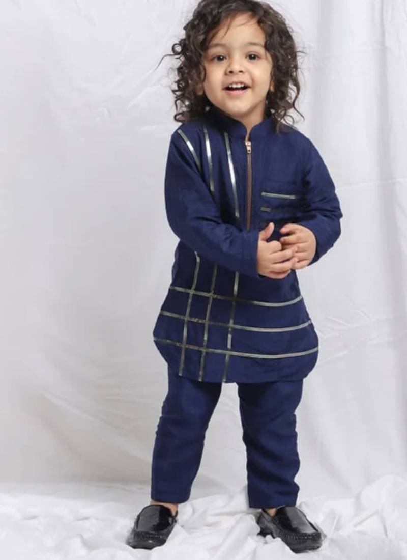 Navy blue embroidered silk kurta set