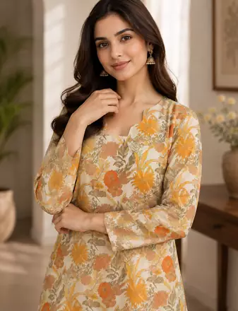 YELLOW  REYON WITH DIGITAL PRINTED STYLISH WEAR KURTI 