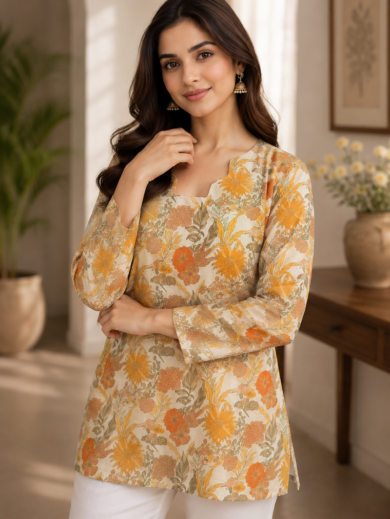 YELLOW  REYON WITH DIGITAL PRINTED STYLISH WEAR KURTI 
