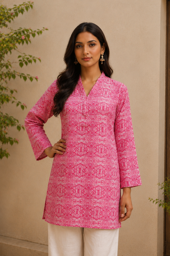 PINK  REYON WITH DIGITAL PRINTED STYLISH WEAR KURTI 