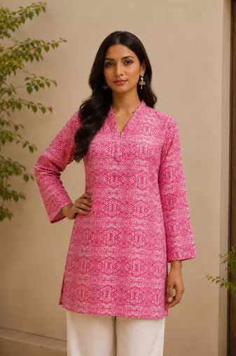 PINK  REYON WITH DIGITAL PRINTED STYLISH WEAR KURTI 