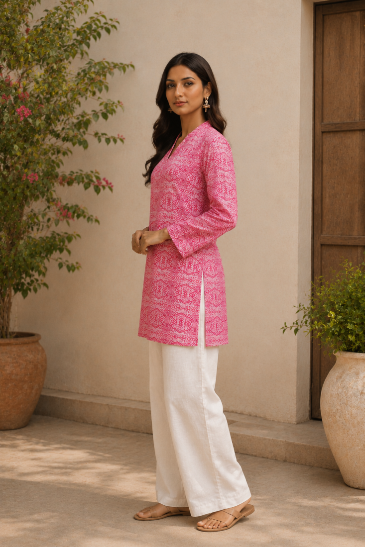 PINK  REYON WITH DIGITAL PRINTED STYLISH WEAR KURTI 