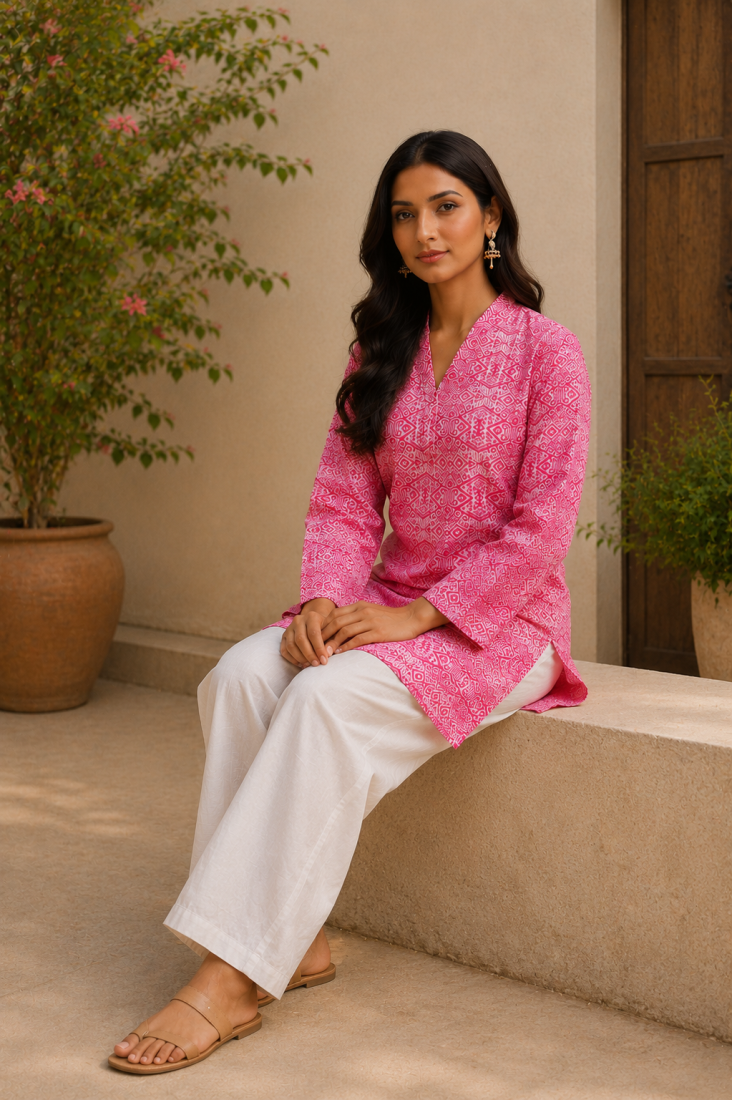 PINK  REYON WITH DIGITAL PRINTED STYLISH WEAR KURTI 