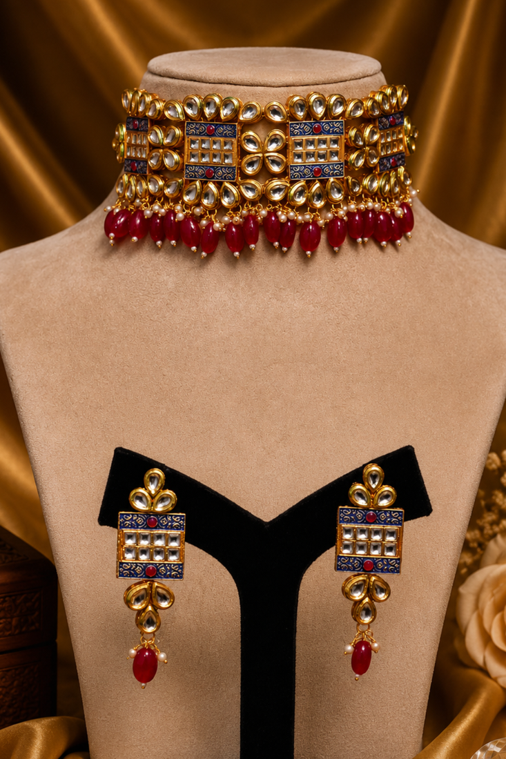 Meenakari beaded kundan choker necklace set