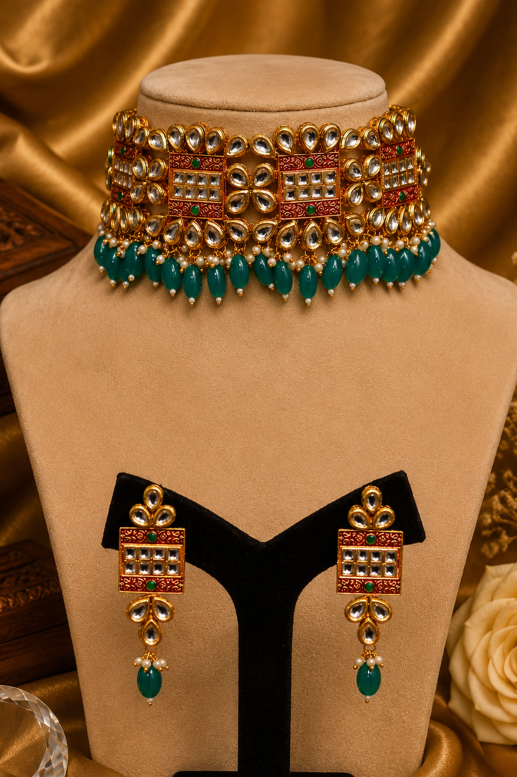 Kundan Meenakari Beaded Choker Necklace Set