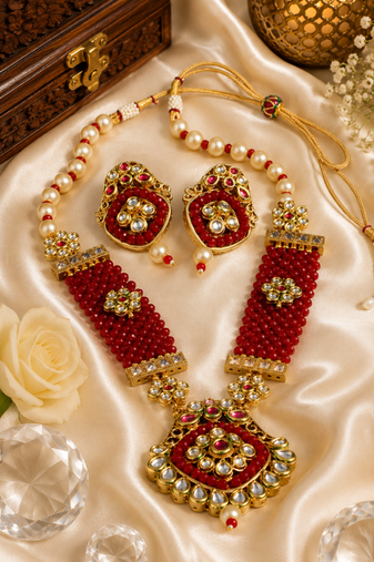 Kundan beaded pearl necklace set for women