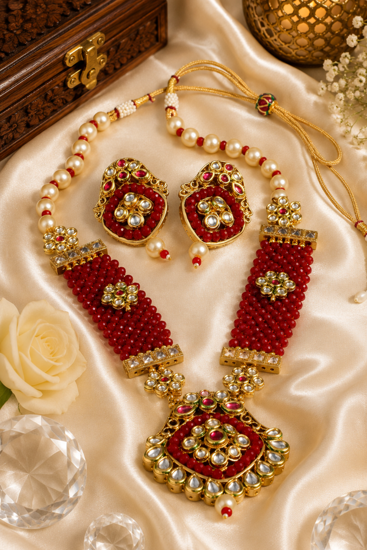 Kundan beaded pearl necklace set for women