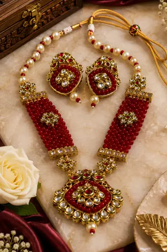 Kundan beaded pearl necklace set for women