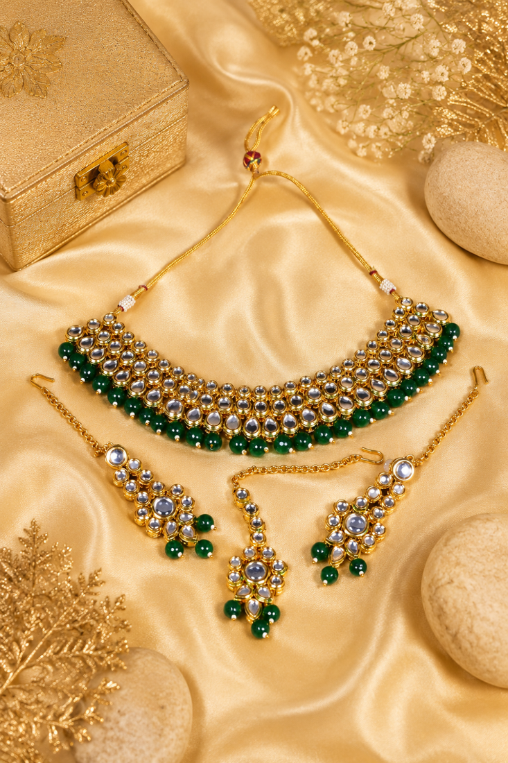 Premium Ethnic Kundan Emerald Necklace Set