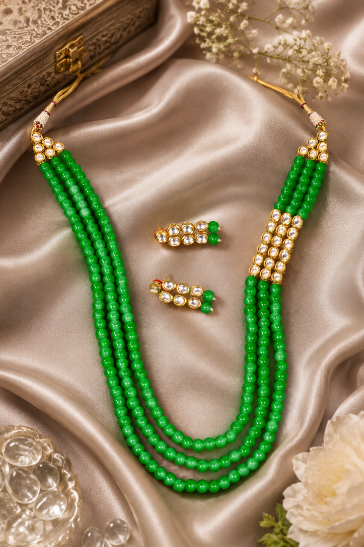 Traditional long kundan beads necklace set