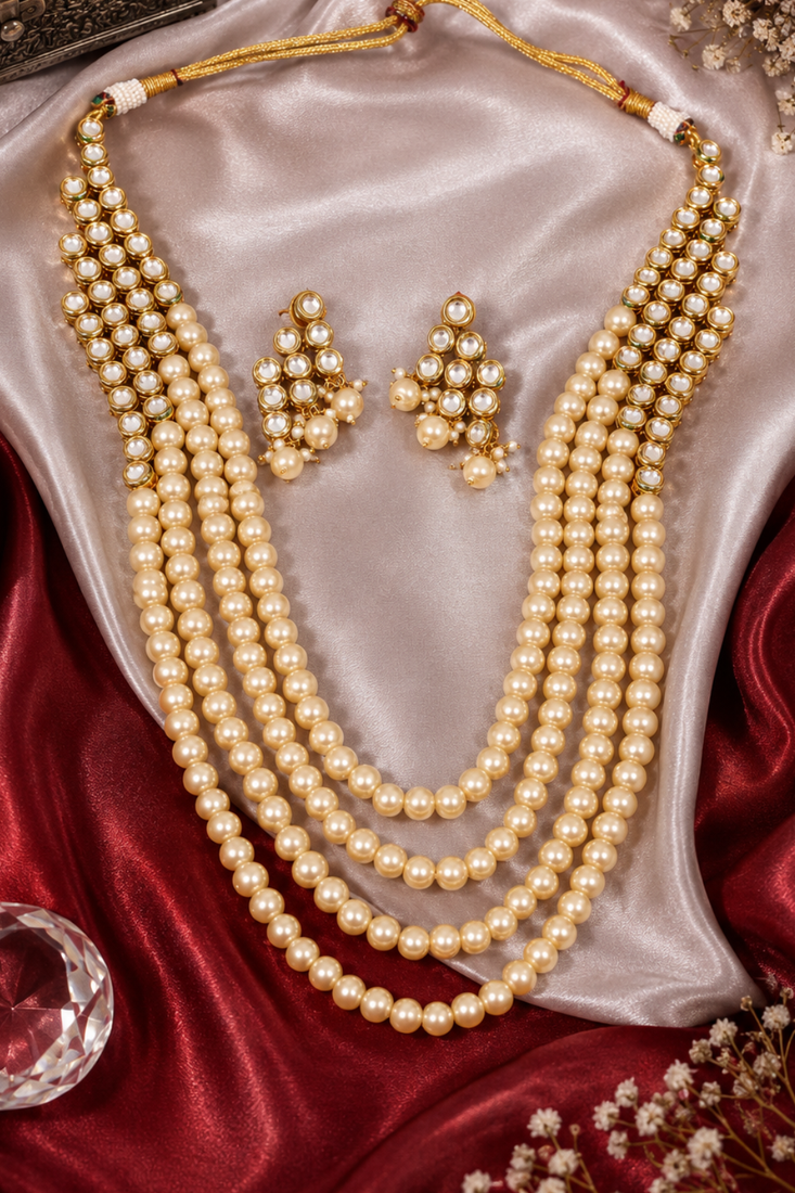 Luxe peark beaded long kundan necklace set