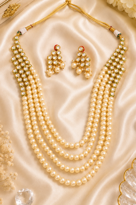Luxe peark beaded long kundan necklace set 2