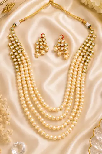 Luxe peark beaded long kundan necklace set