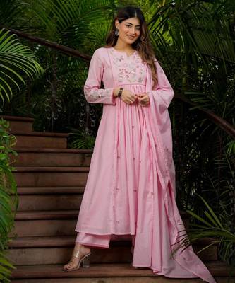 pink chanderi silk blend embroidered ethnic suit set with dupatta 1