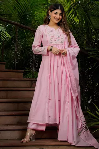 Designer pink chanderi silk embroidered ethnic suit set for women with dupatta