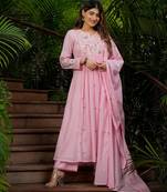 Designer pink chanderi silk embroidered ethnic suit set for women with dupatta