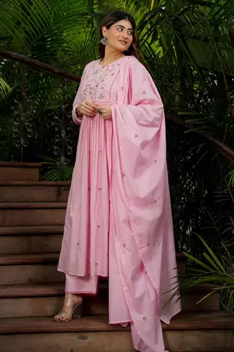 pink chanderi silk blend embroidered ethnic suit set with dupatta