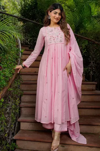 pink chanderi silk blend embroidered ethnic suit set with dupatta