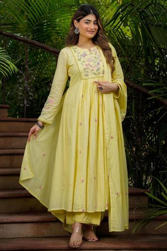 Designer yellow chanderi silk embroidered ethnic suit set for women with dupatta