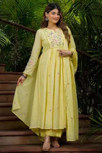 Designer yellow chanderi silk embroidered ethnic suit set for women with dupatta