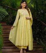 Designer yellow chanderi silk embroidered ethnic suit set for women with dupatta