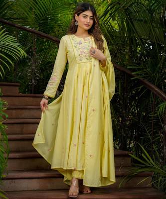 yellow chanderi silk blend embroidered ethnic suit set with dupatta 2