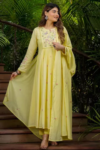 yellow chanderi silk blend embroidered ethnic suit set with dupatta