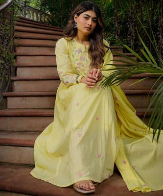 yellow chanderi silk blend embroidered ethnic suit set with dupatta 5