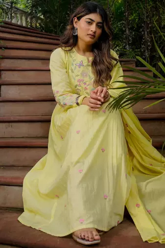 yellow chanderi silk blend embroidered ethnic suit set with dupatta