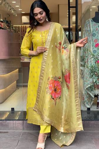 yellow embroidered ethnic suit set with floral jacquard dupatta