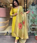 yellow embroidered ethnic suit set with floral jacquard dupatta