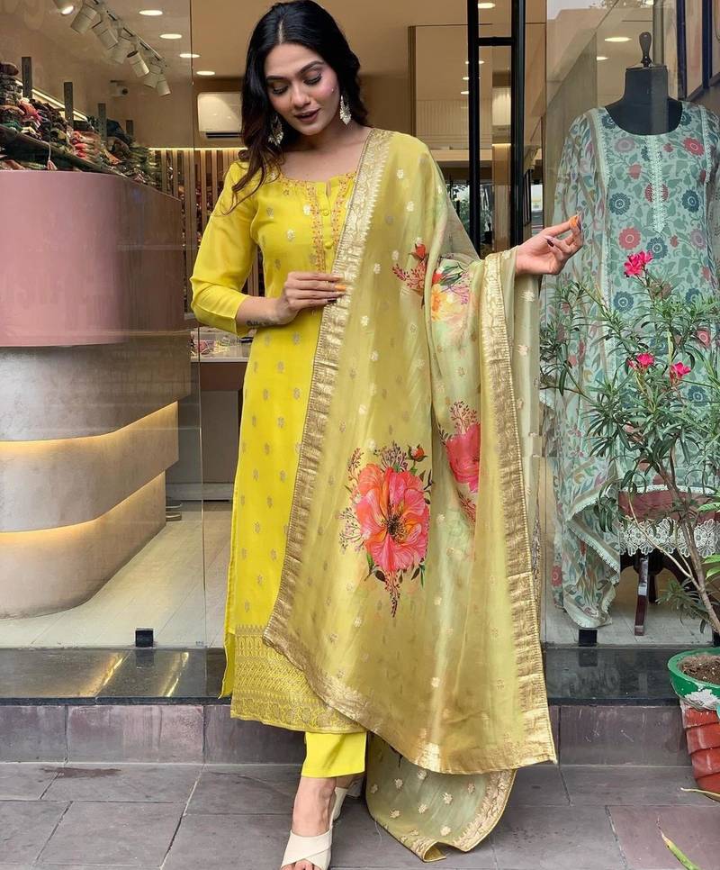 Designer yellow embroidered ethnic suit set with floral jacquard dupatta for women