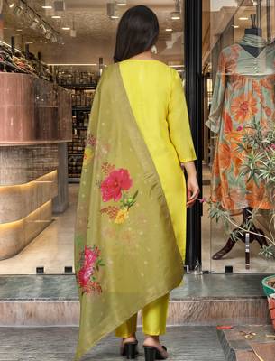 yellow embroidered ethnic suit set with floral jacquard dupatta 2