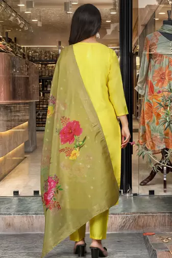 yellow embroidered ethnic suit set with floral jacquard dupatta