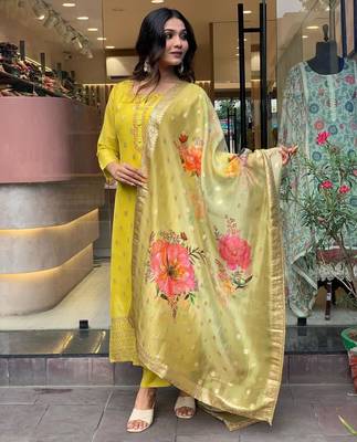 yellow embroidered ethnic suit set with floral jacquard dupatta 3