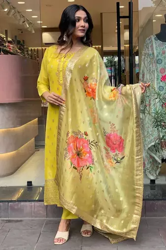 yellow embroidered ethnic suit set with floral jacquard dupatta