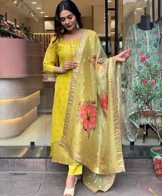 yellow embroidered ethnic suit set with floral jacquard dupatta 4