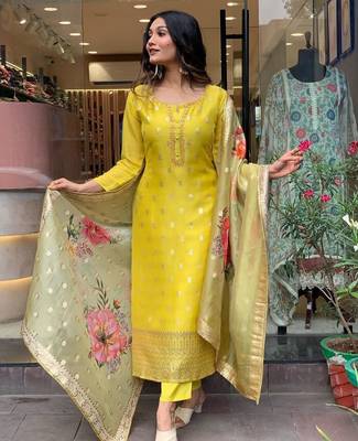 yellow embroidered ethnic suit set with floral jacquard dupatta 5