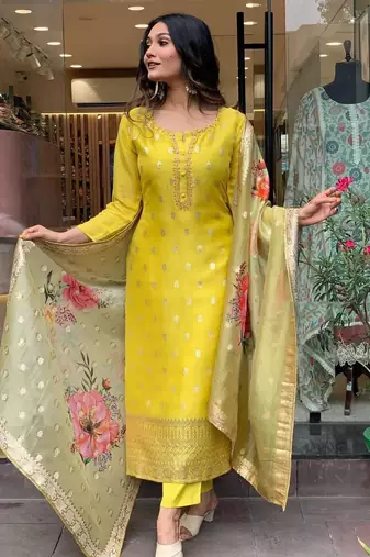 yellow embroidered ethnic suit set with floral jacquard dupatta