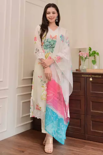 Designer floral print embroidered kurta set with printed dupatta for women