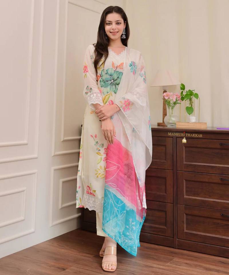 Designer floral print embroidered kurta set with printed dupatta for women