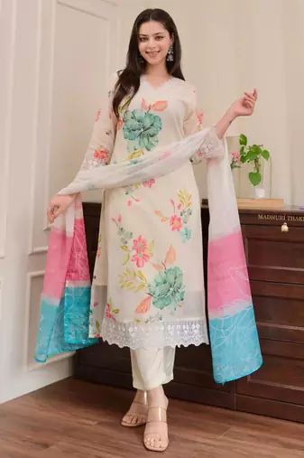 floral print embroidered kurta set with printed dupatta