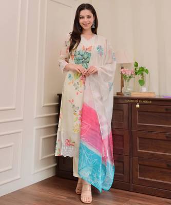 floral print embroidered kurta set with printed dupatta 3