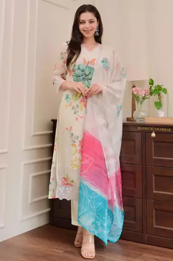 floral print embroidered kurta set with printed dupatta